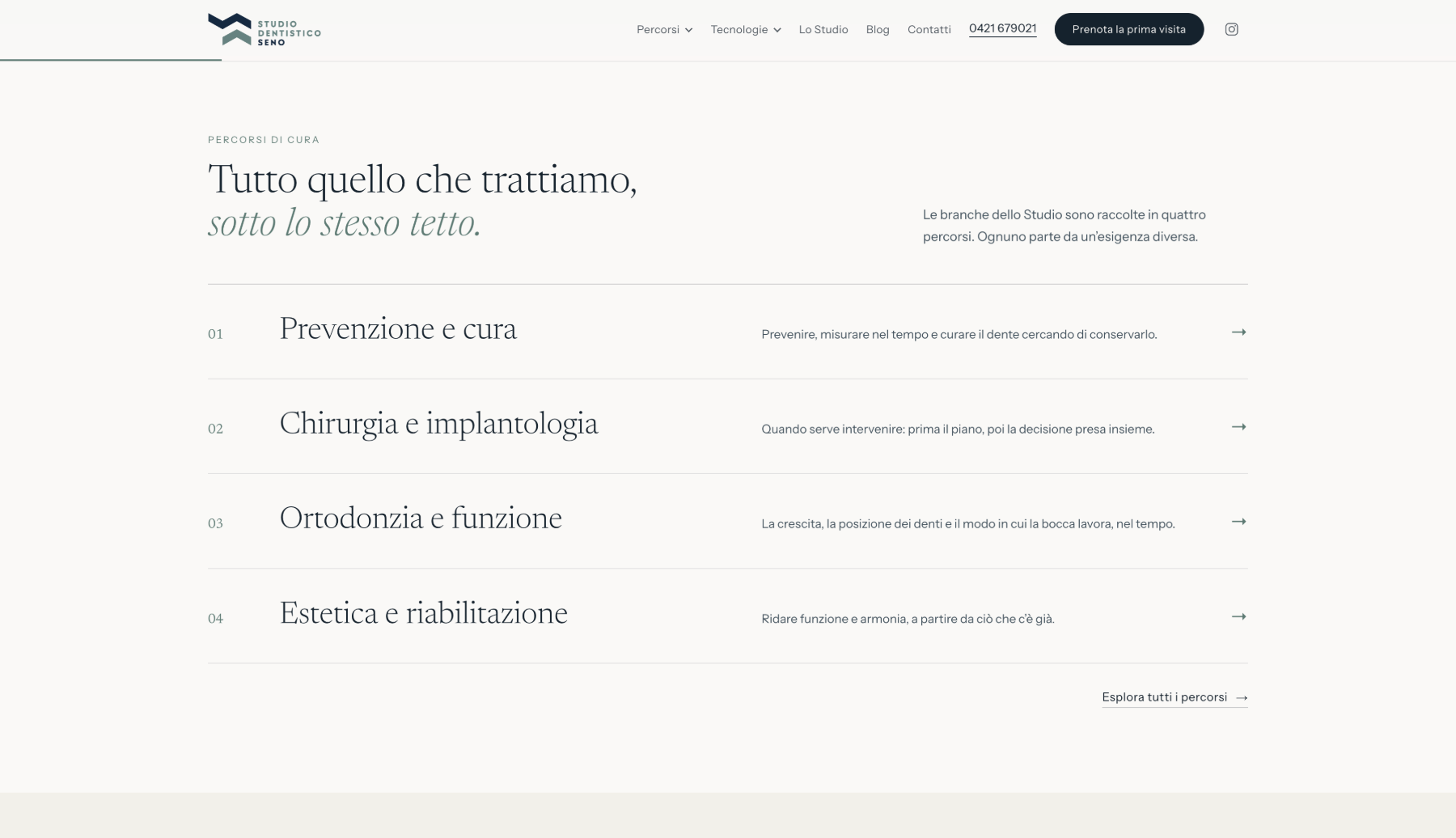 Nuovo sito: pagina Percorsi di cura con le branche raccolte in quattro percorsi